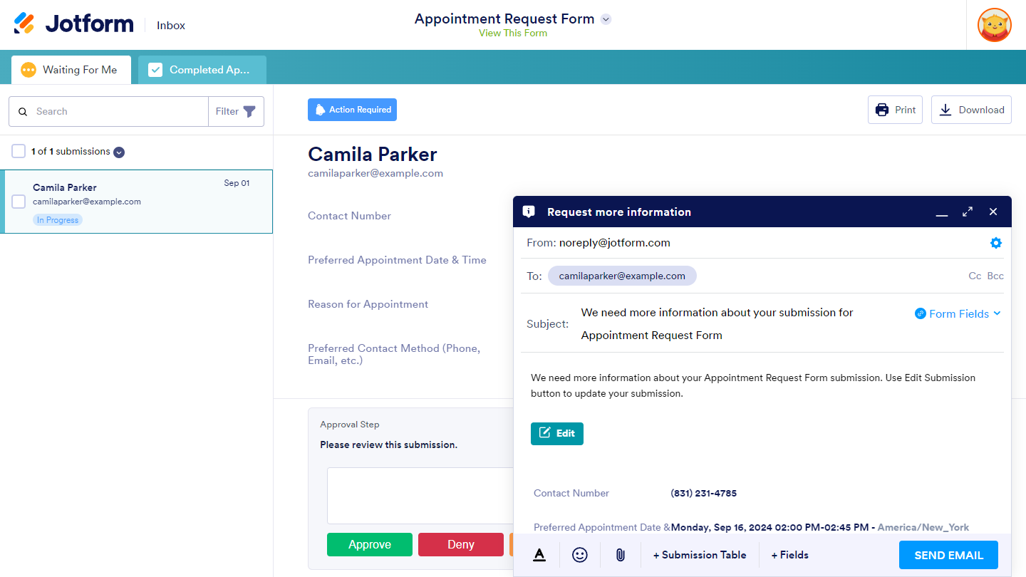 Request more information dialog box in Jotform Inbox