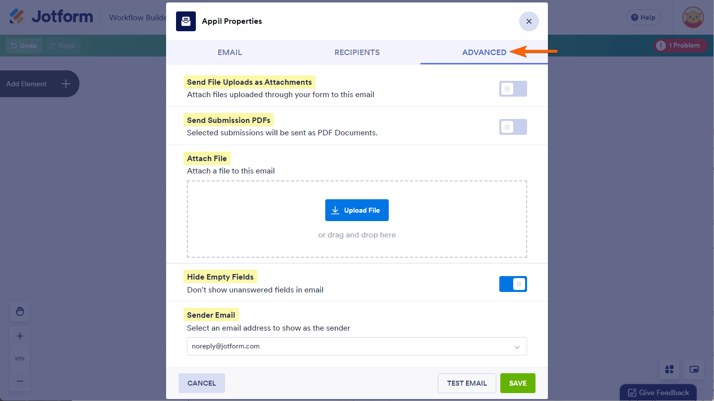 Different file attachment options and sender email setting on the Advanced tab of the Email element Properties in Jotform Workflows
