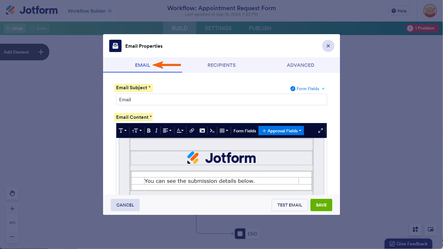 Email Subject and Email Content on the Email tab of the Email element Properties in Jotform Workflows