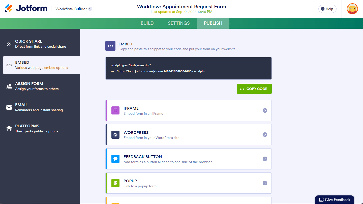 Embed tab of the Publish tab on the Jotform Workflow