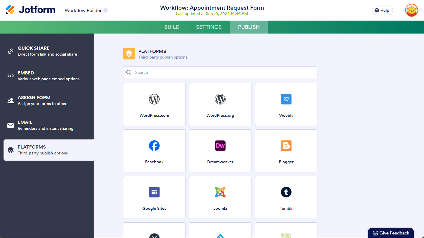 Platforms tab of the Publish tab on the Jotform Workflow