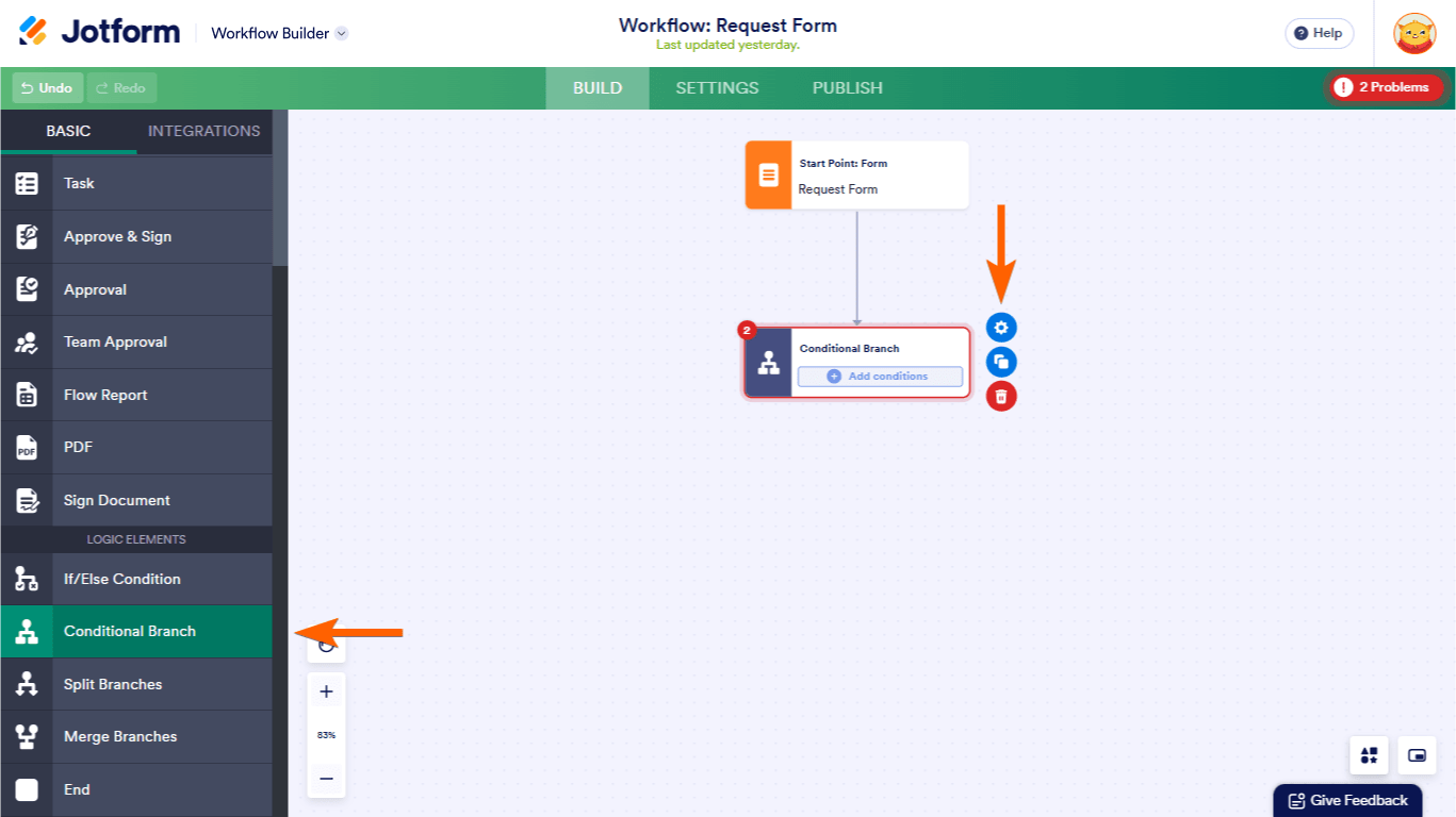 A Conditional Branch's gear icon in Jotform Workflows