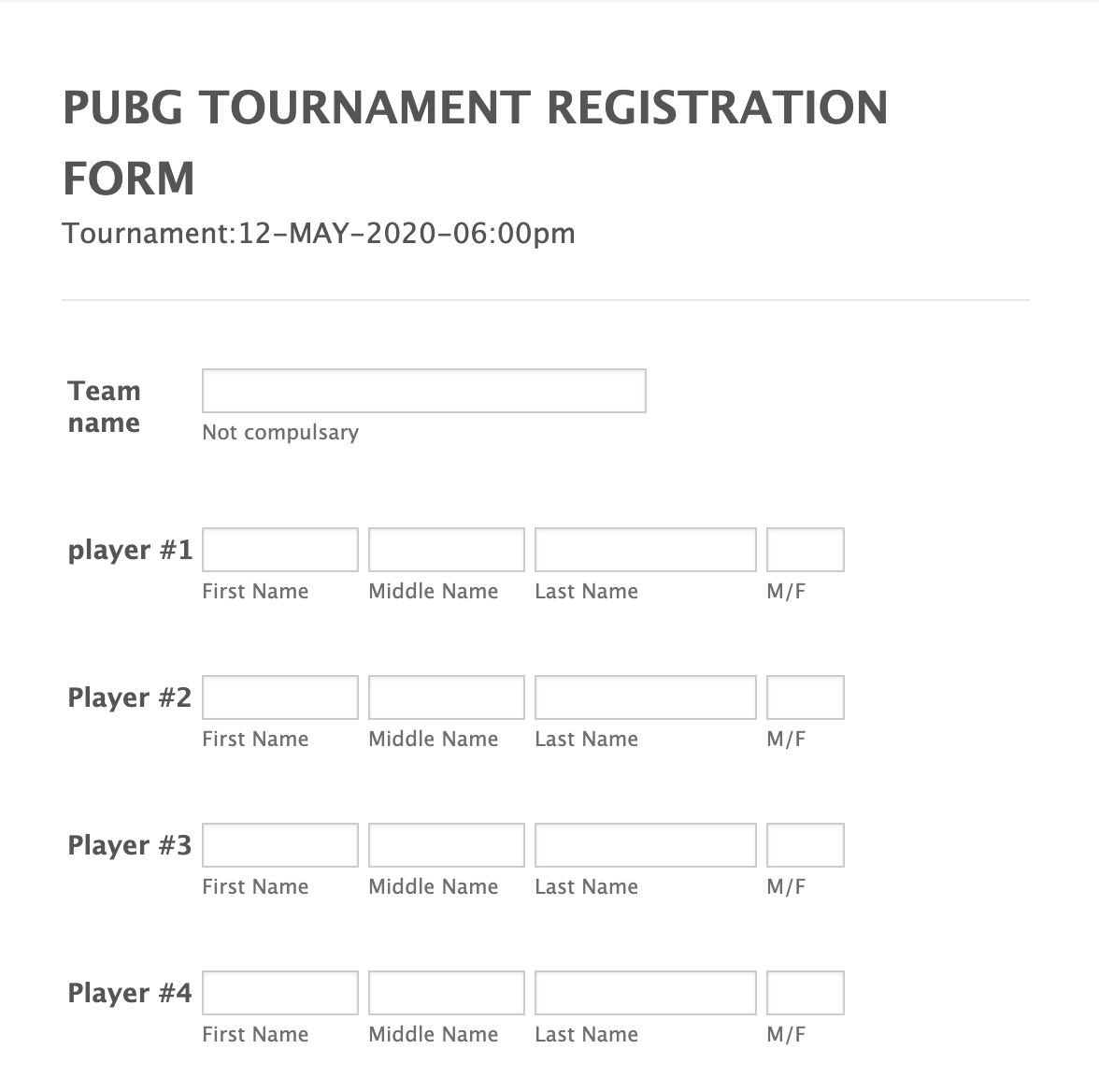 Tournament Registration Form Template