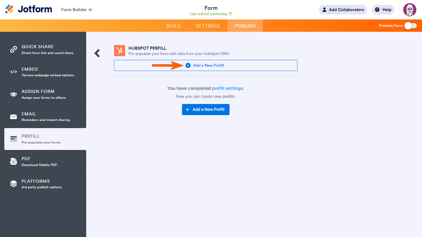 El botón de Prellenado de HubSpot para añadir un nuevo prellenado en el Creador de Formularios de Jotform