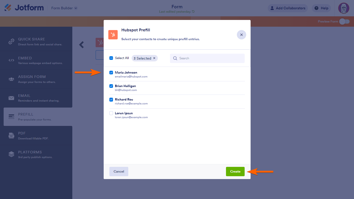 Diálogo de contactos del Prellenado de HubSpot en el Creador de Formularios de Jotform