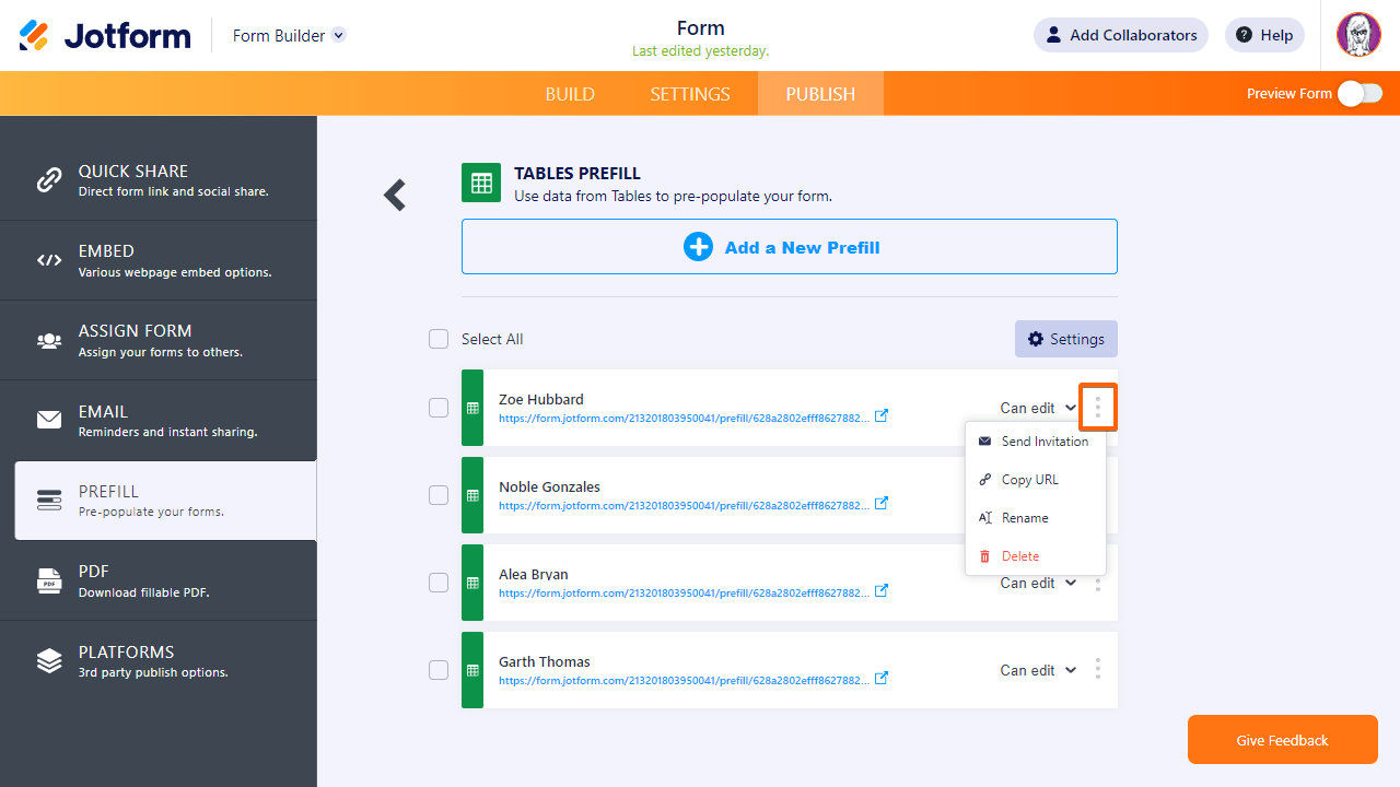 The Tables Prefill menu in Jotform Form Builder