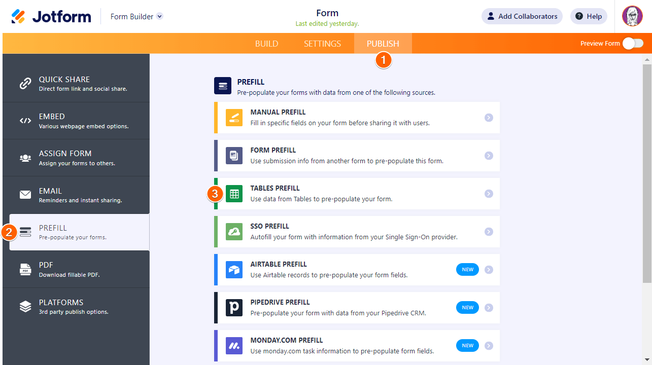 Steps to access Table Prefill in Jotform Form Builder
