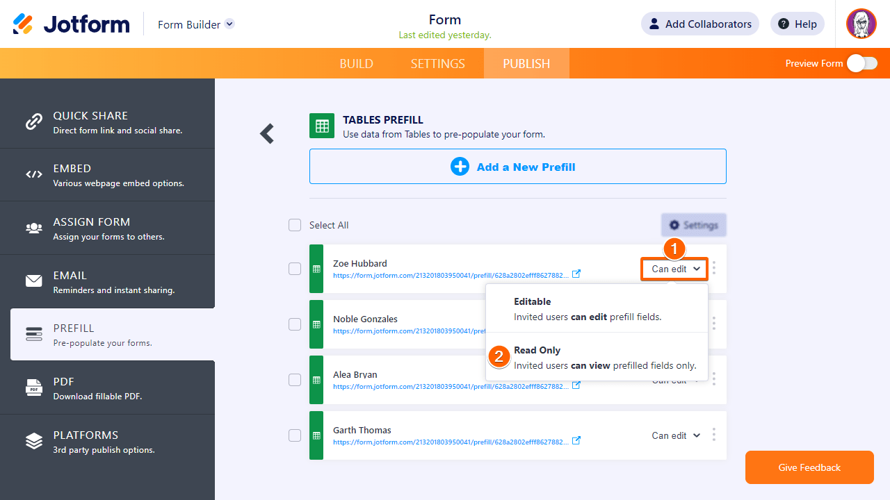 The permission options in Jotform Form Builder's Tables Prefill