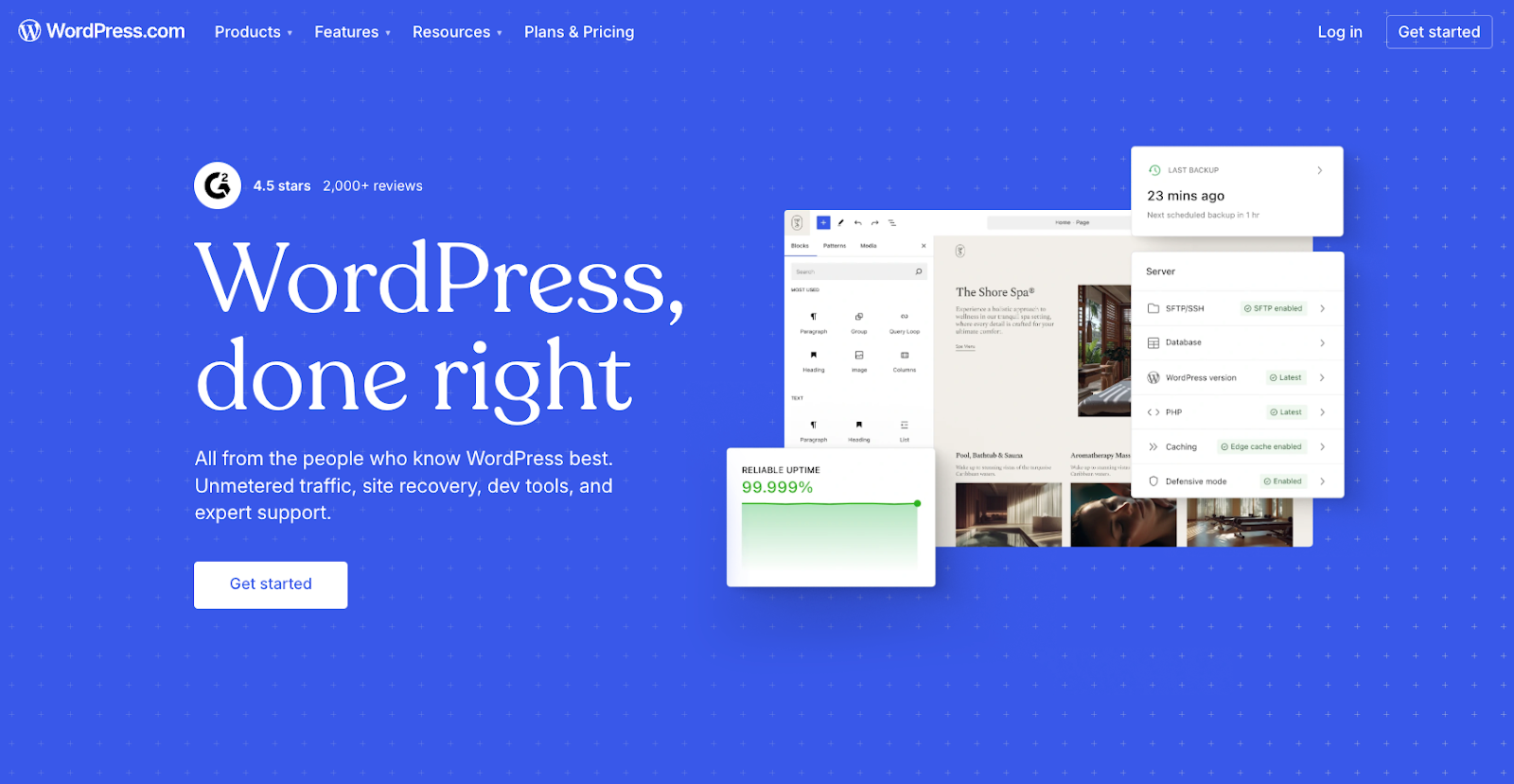 Screenshot of WordPress' landing page, showing a headline "WordPress, done right"
