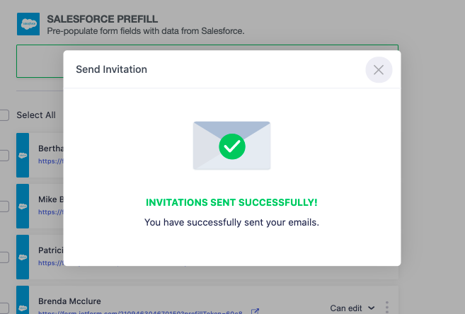 Salesforce Prefill Page Viewing the Message "Invitations Sent Successfully!"