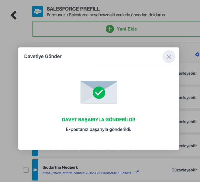 Davetiye Gönder Penceresinde "Davet Başarıyla Gönderildi" Mesajı