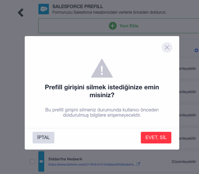 Prefill Girişini Silme Onayı Penceresi