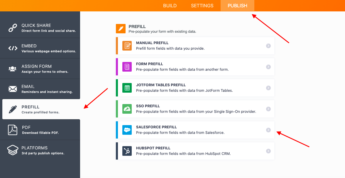 Screenshot of Jotform Form Builder Clicking on Publish and then Salesforce Prefill under the Prefill Tab