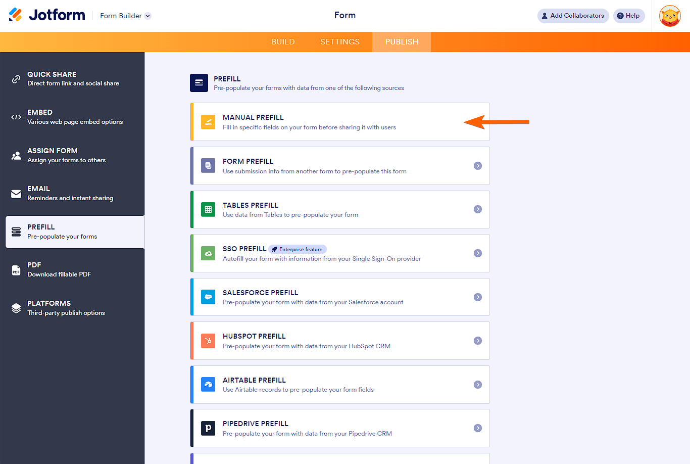 Manual Prefill option in Jotform Prefill page
