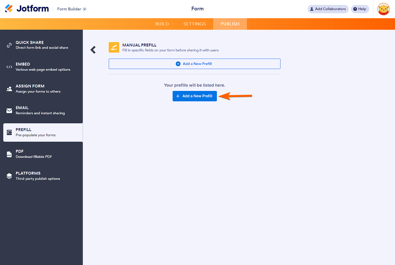 Add new prefill button in Manual Prefill settings of Jotform Prefill