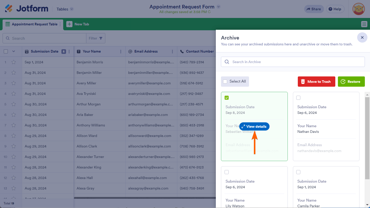View details button in the Archive section of the Jotform Tables