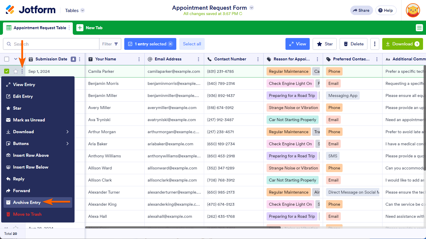 Archive Entries option in the Single Entry menu of Jotform Tables