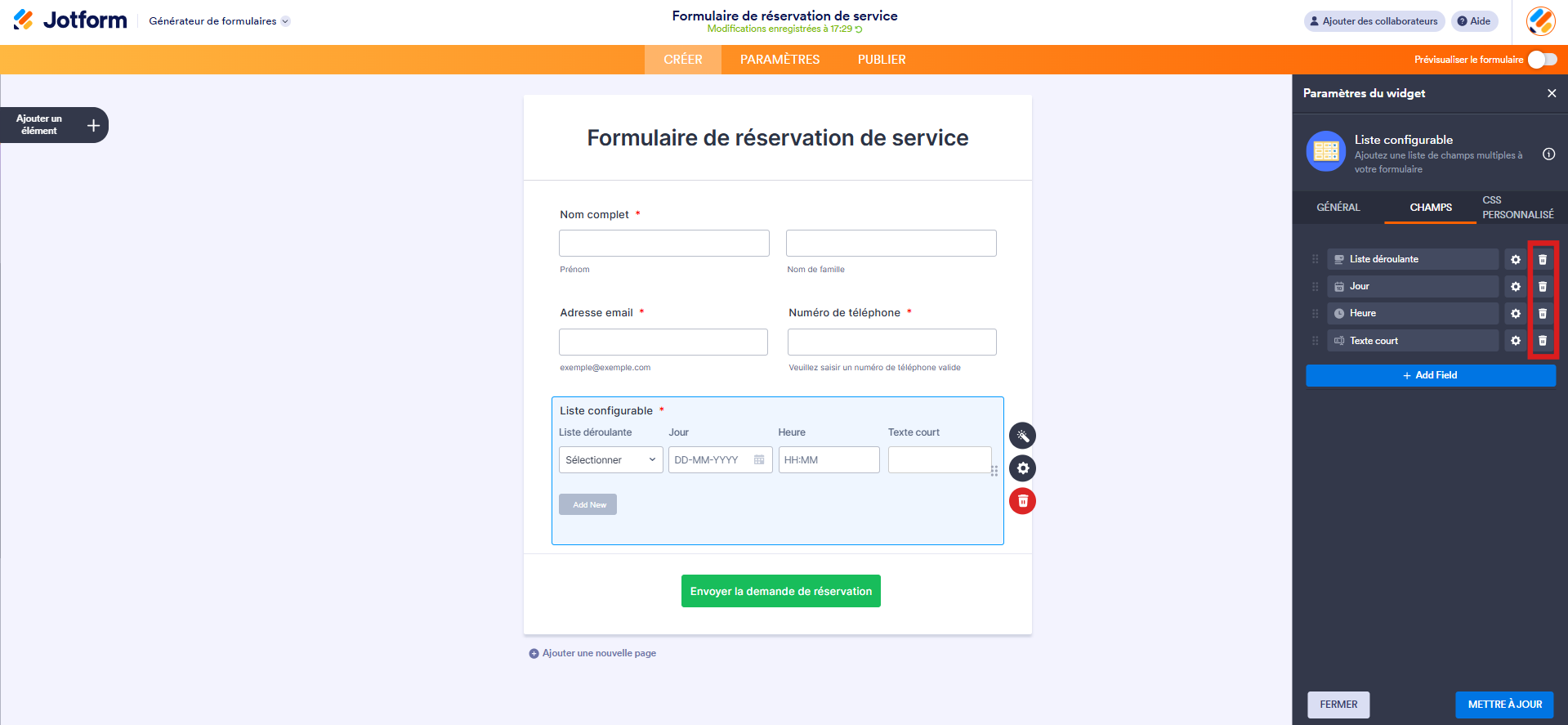 Capture d'écran du formulaire dans le Générateur de formulaires Jotform avec un encadré autour des icônes de corbeille des champs définis