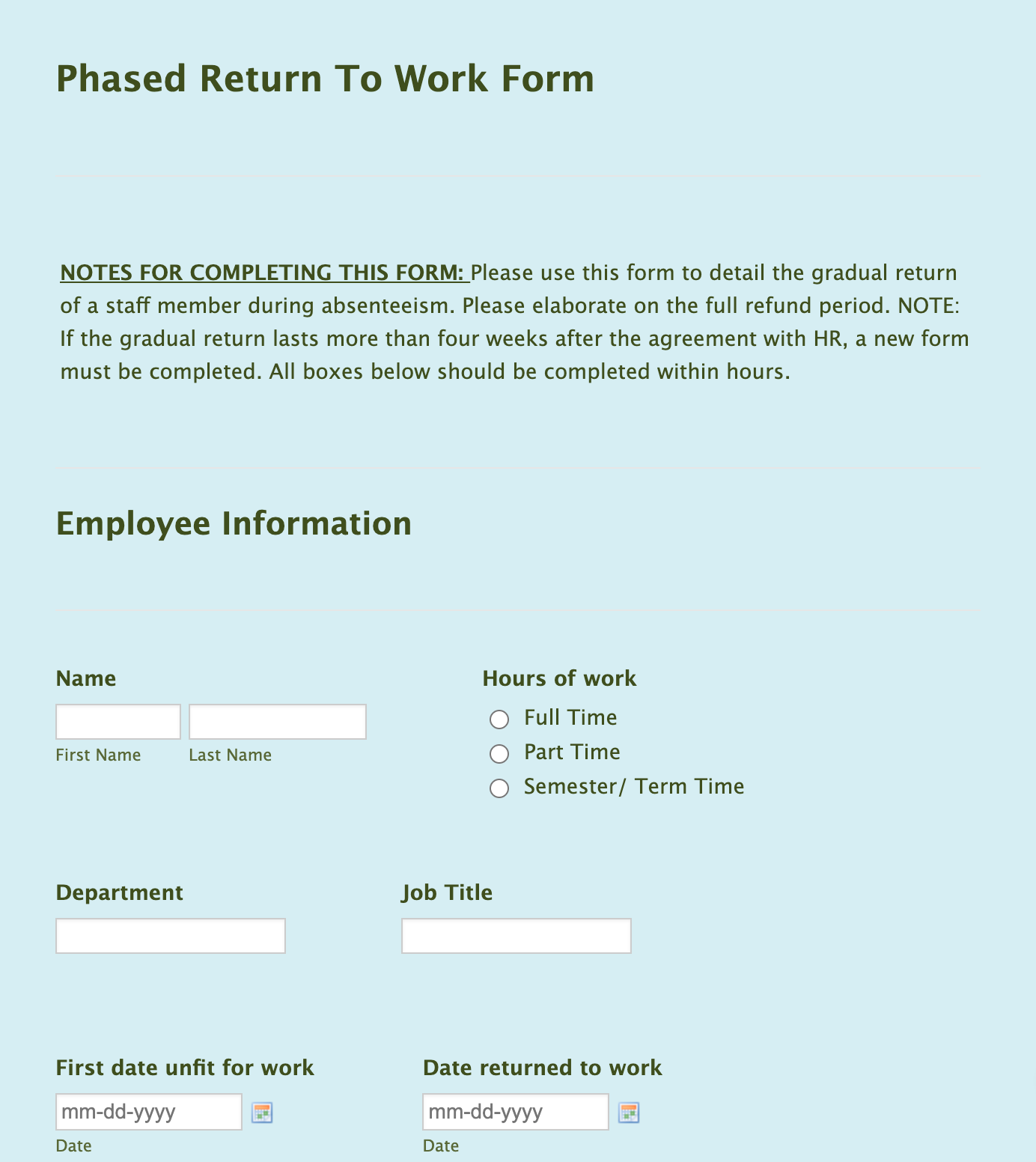 Phased Return to Work Form Template