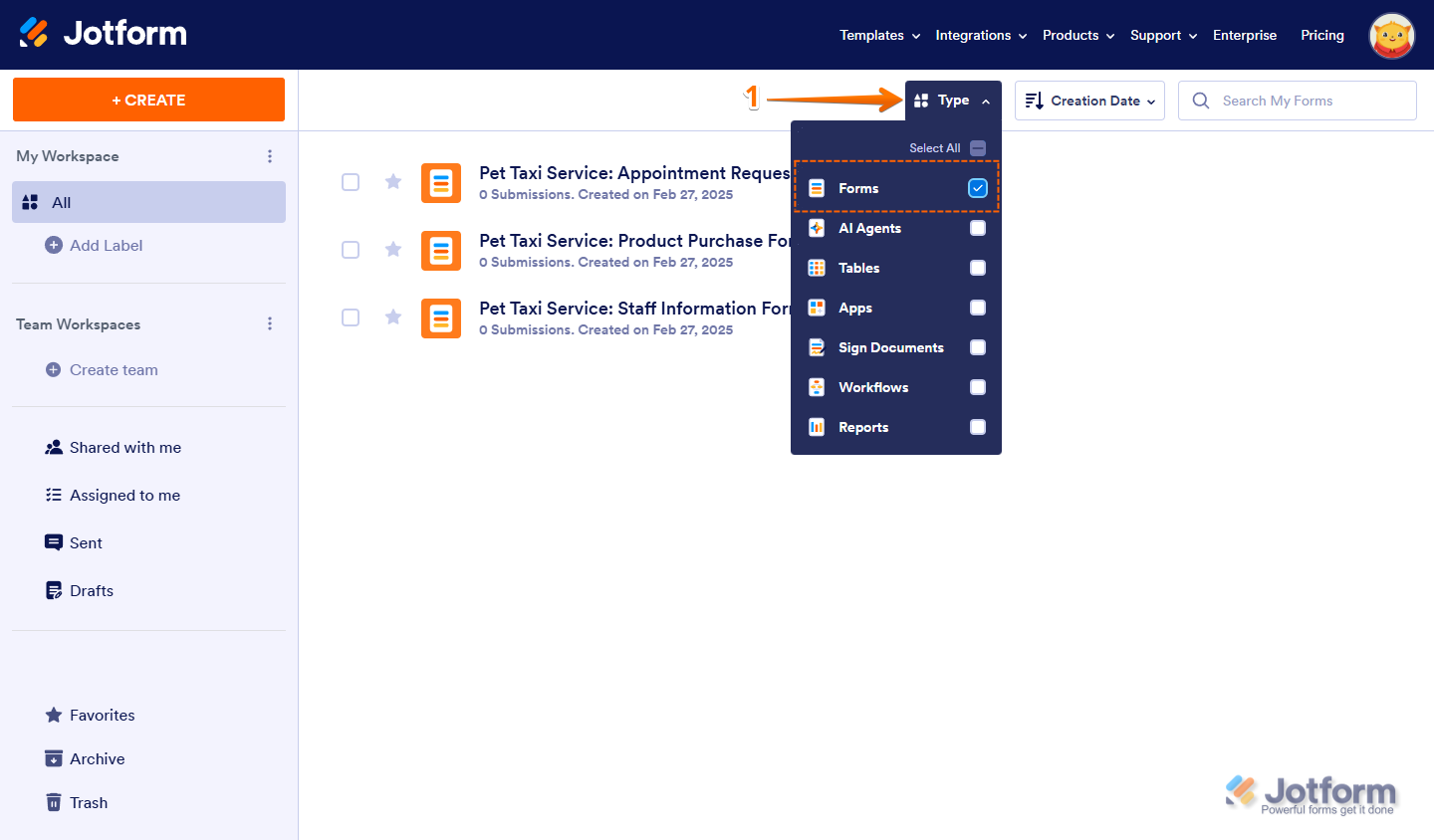 Forms option checked in the Type dropdown menu on the Jotform My Workspace page