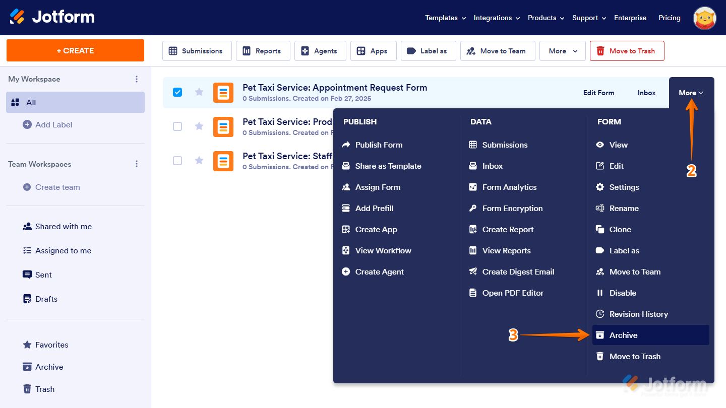 Archive option under the Form column of the More dropdown menu on the Jotform My Workspace page