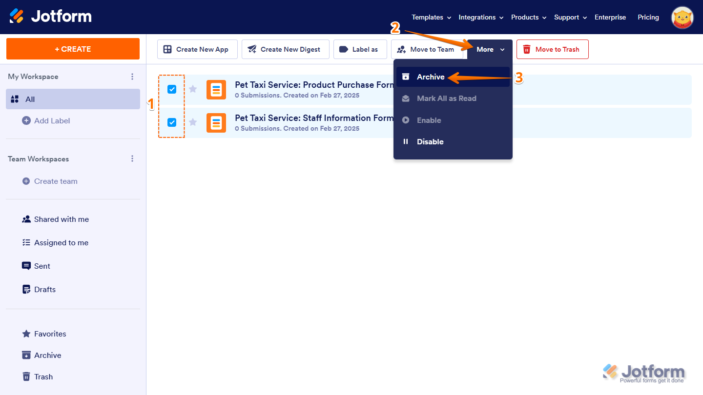 Archive option in the More dropdown menu for multiple forms selected on the Jotform My Workspace page