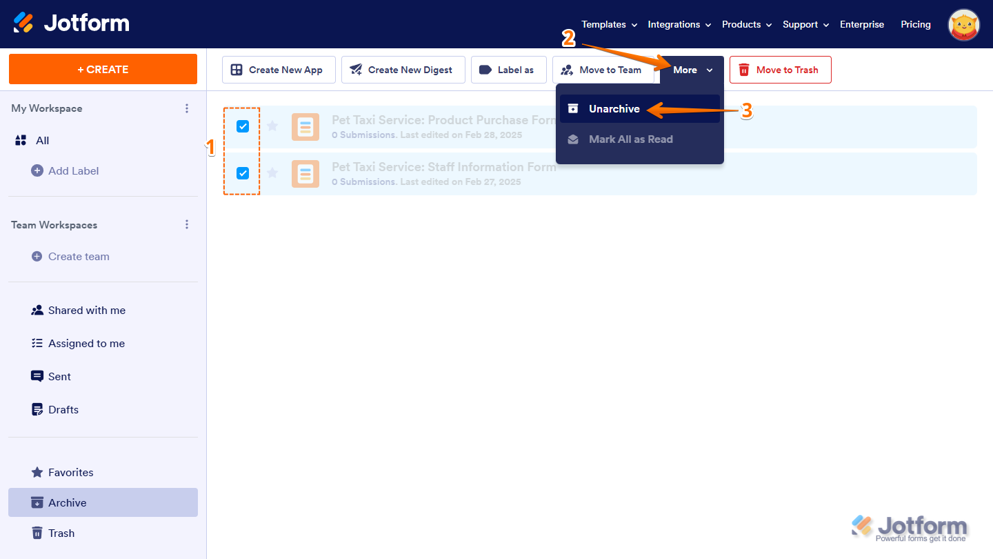 Unarchive option in the More dropdown menu for multiple forms selected in the Archive folder on the Jotform My Workspace page