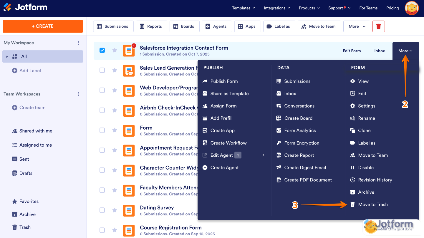 Move to Trash option under the Form column of the More dropdown menu on the Jotform My Workspace page