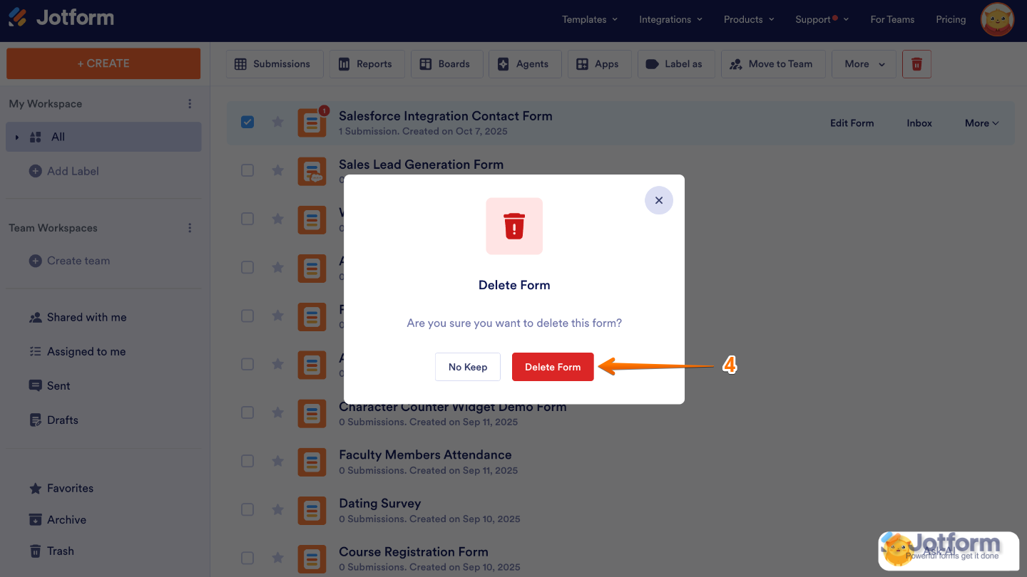 Delete Form button on the Delete Form Confirmation window on the Jotform My Workspace page
