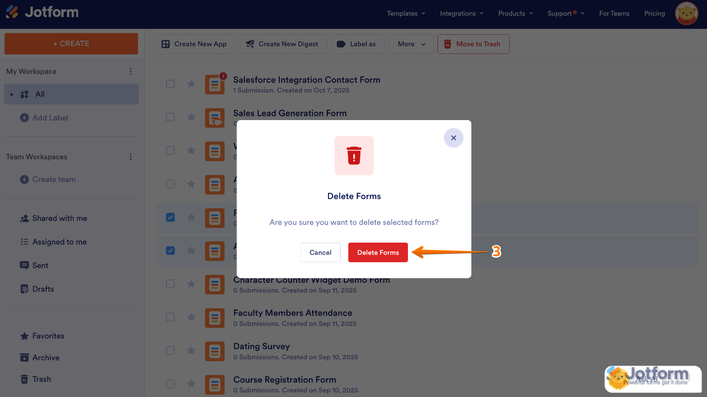 Delete Forms button on the Delete Forms Confirmation window on the Jotform My Workspace page