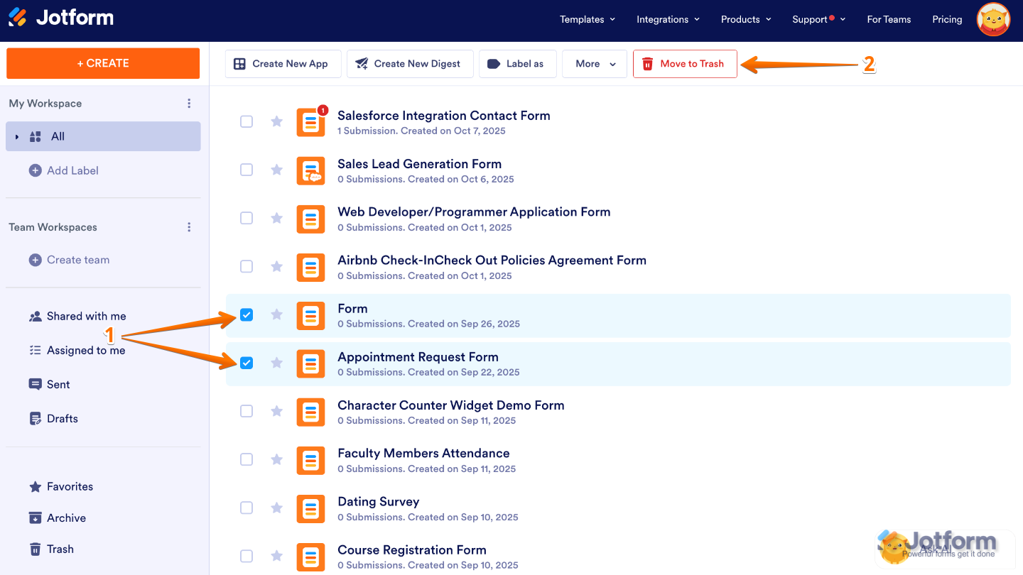 Move to Trash button for multiple forms selected on the Jotform My Workspace page