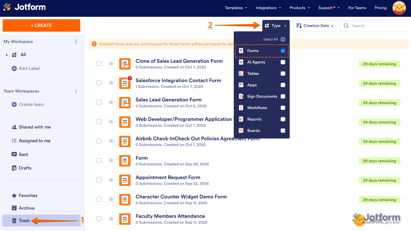 Forms option checked in the Type dropdown menu of the Trash folder on the Jotform My Workspace page