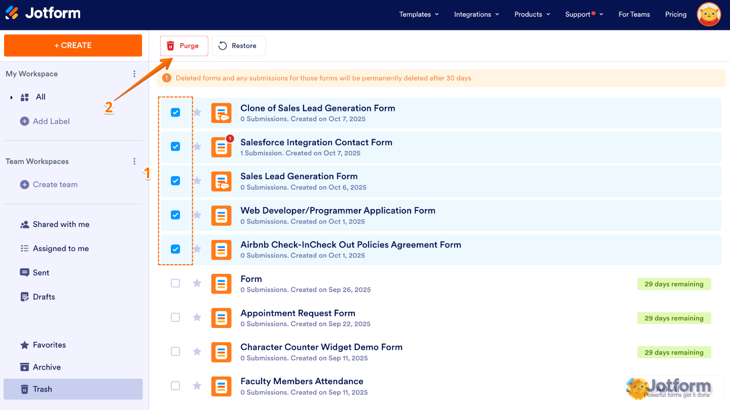 Purge button for multiple selected forms in the Trash folder on the Jotform My Workspace page