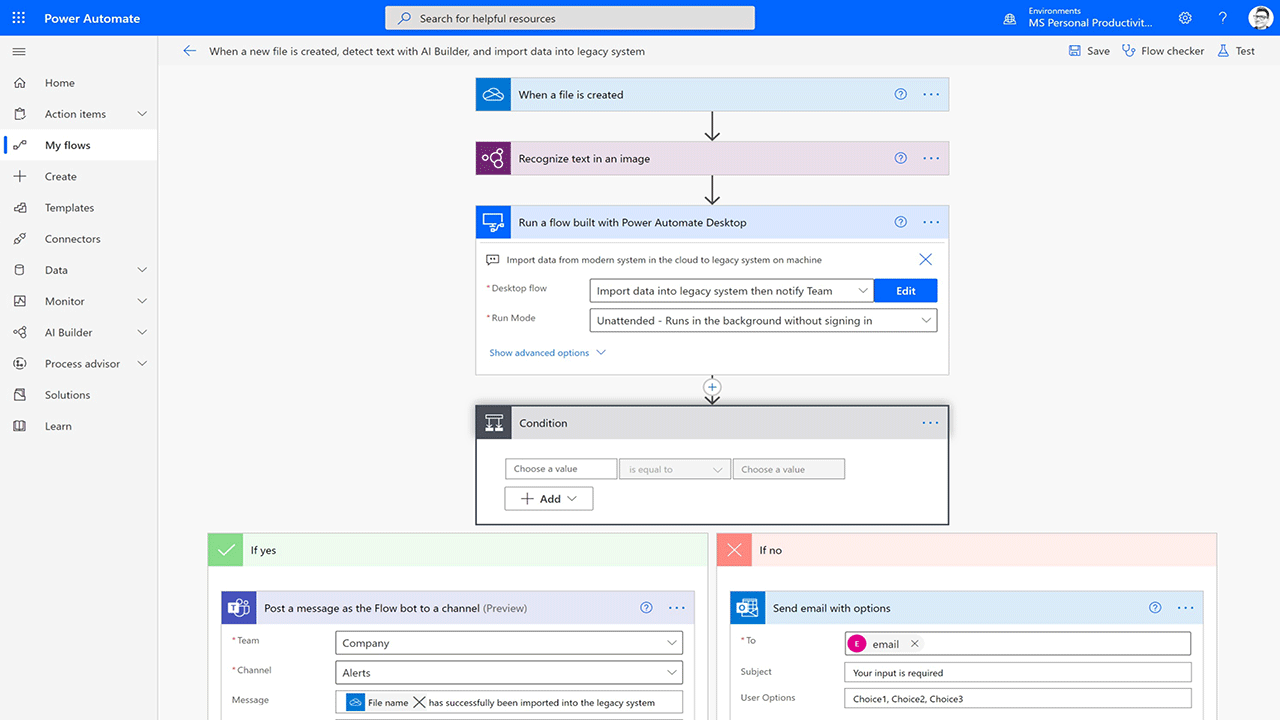 Microsoft Power Automateのユーザーインターフェイス