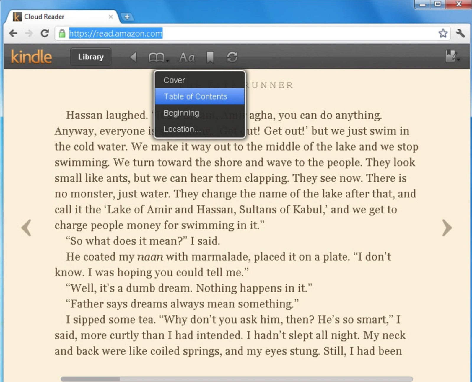 User Interface of Kindle Cloud Readery