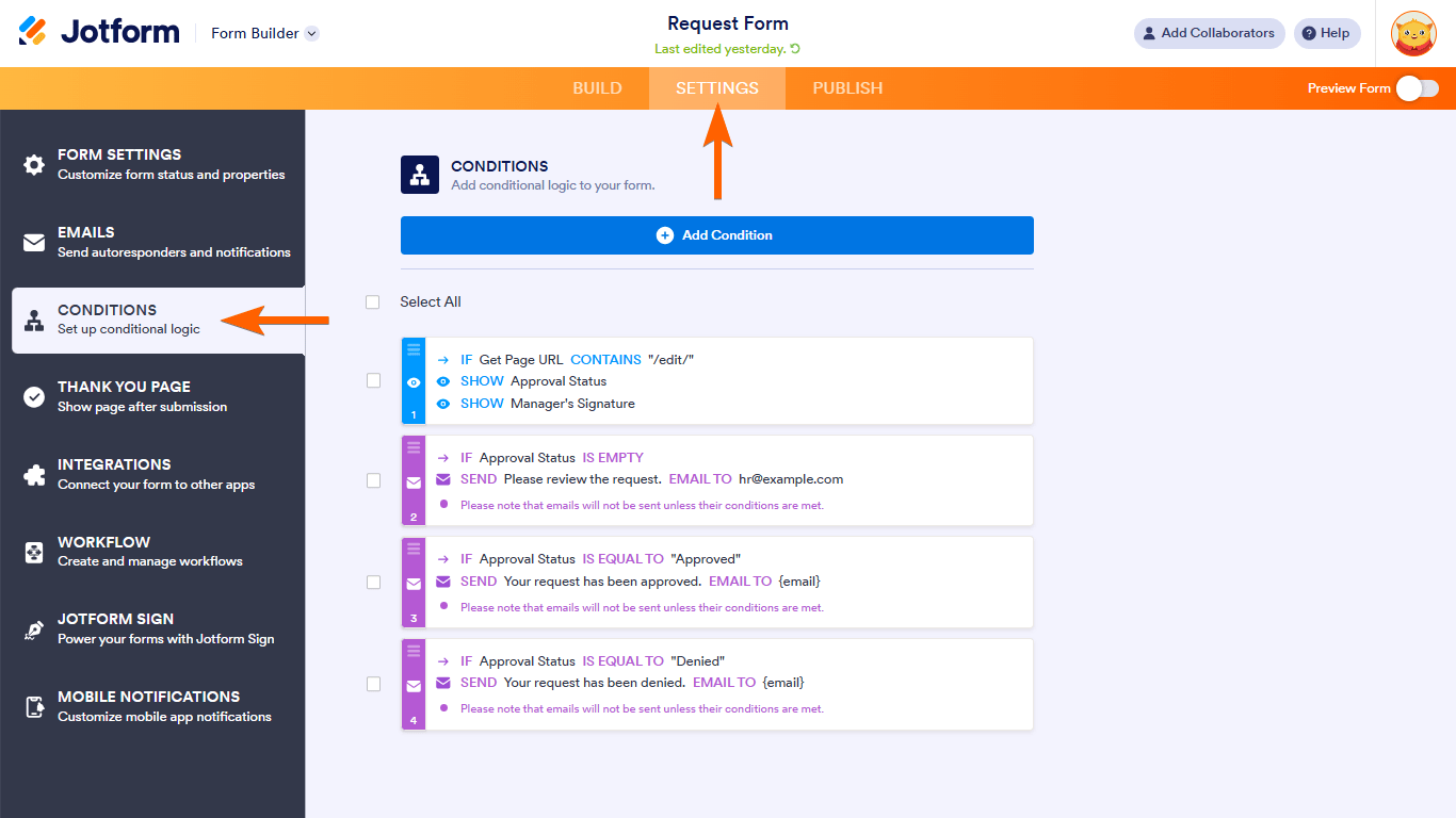 Approval flow conditions in Jotform Form Builder