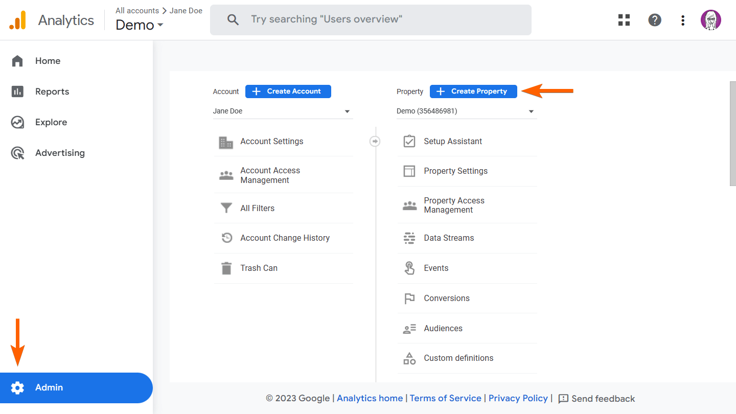 Arrows pointing to the Admin menu and Create Property button in Google Analytics