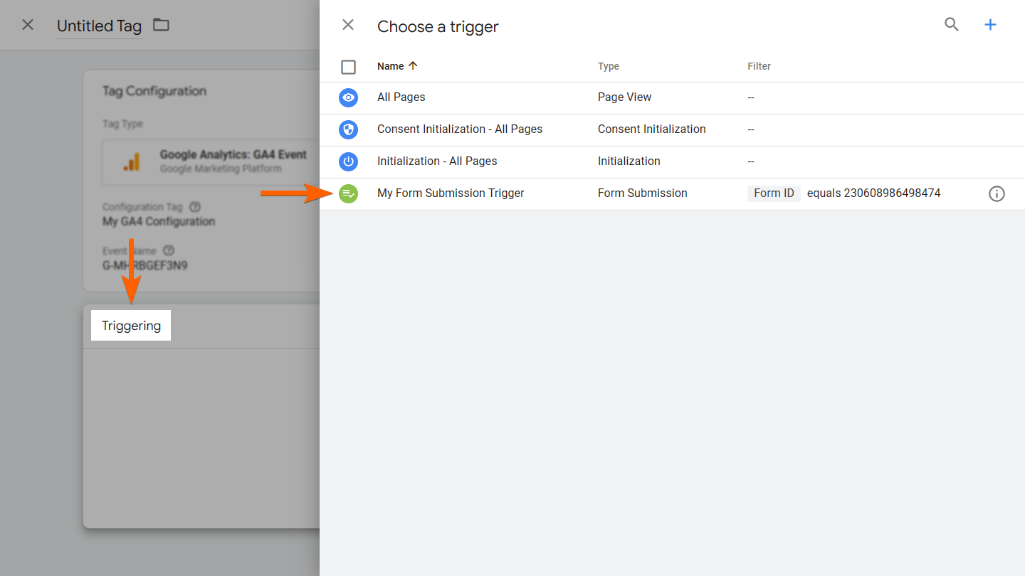Selecting a Form Submission trigger in GTM's tag configuration