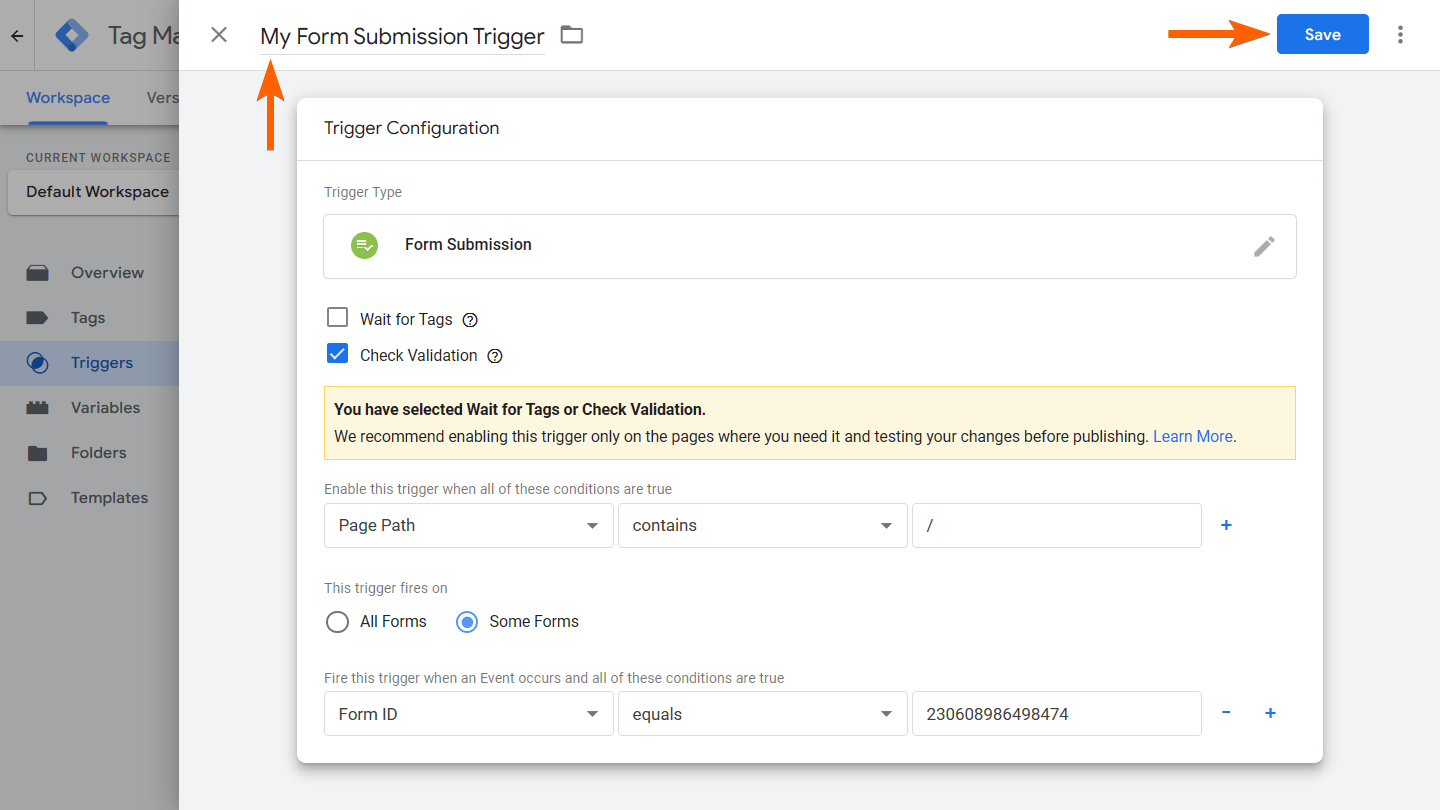 Arrows pointing to the trigger name and Save button in GTM's trigger configuration