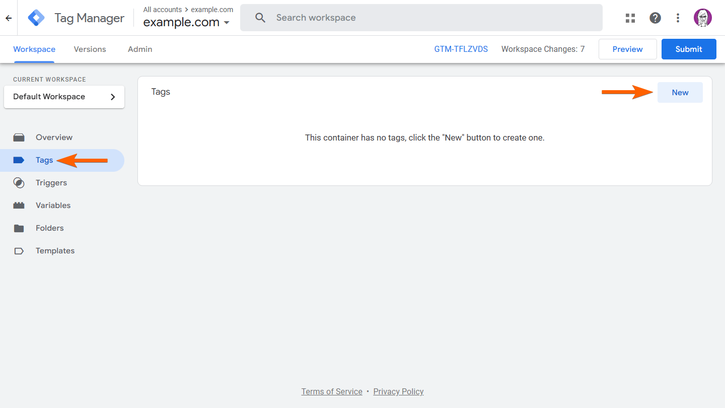 Arrow guides to create a new tag in Google Tag Manager