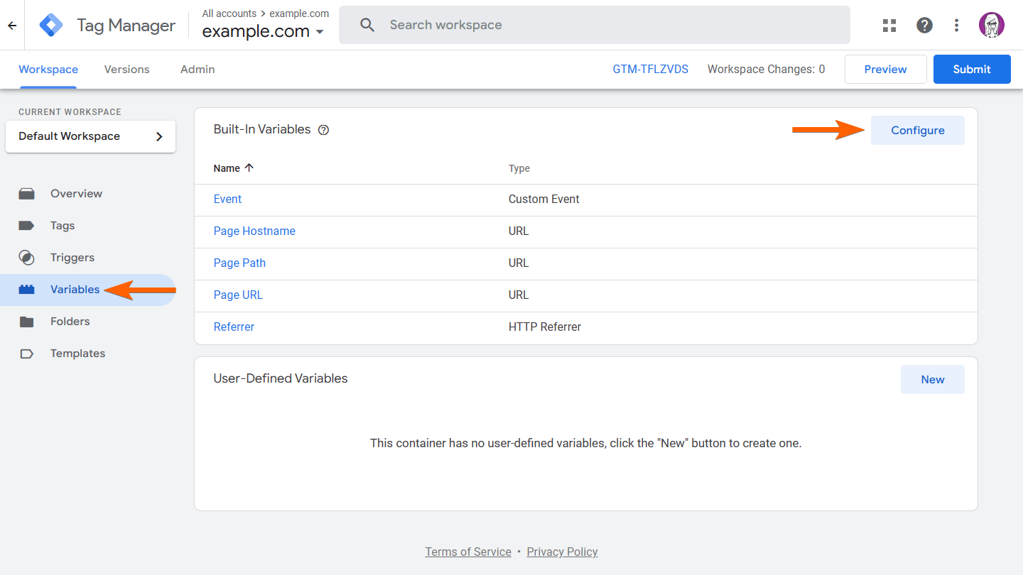 Arrow guides to configure variables in GTM