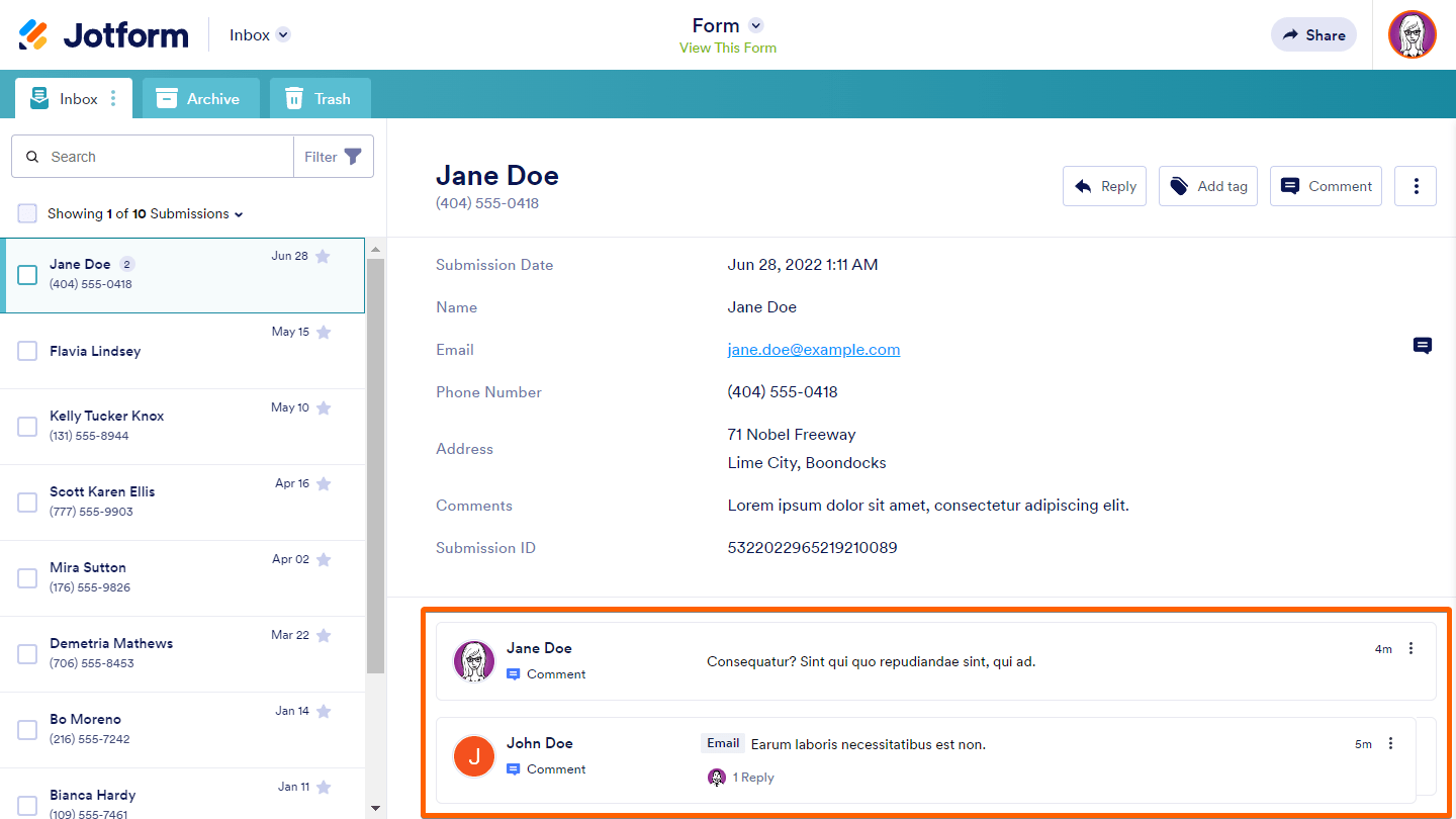 Entry comments in Jotform Inbox