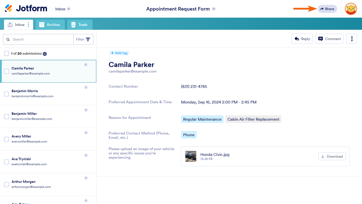 Share button of the Jotform Inbox