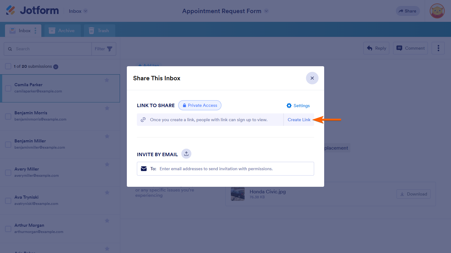 Create Link button in the Share This Inbox window of the Jotform Inbox