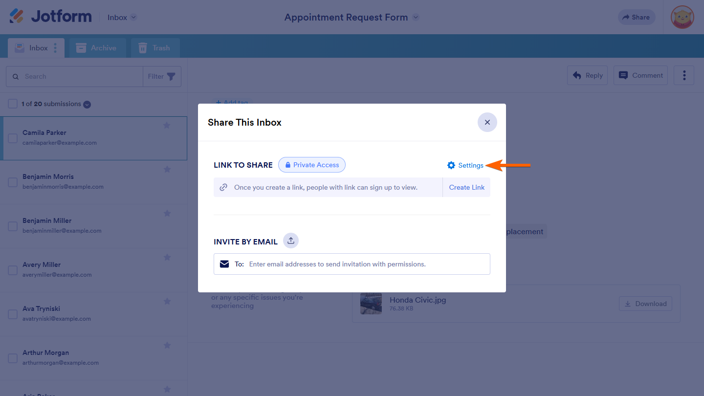 Settings button in the Share This Inbox window of the Jotform Inbox