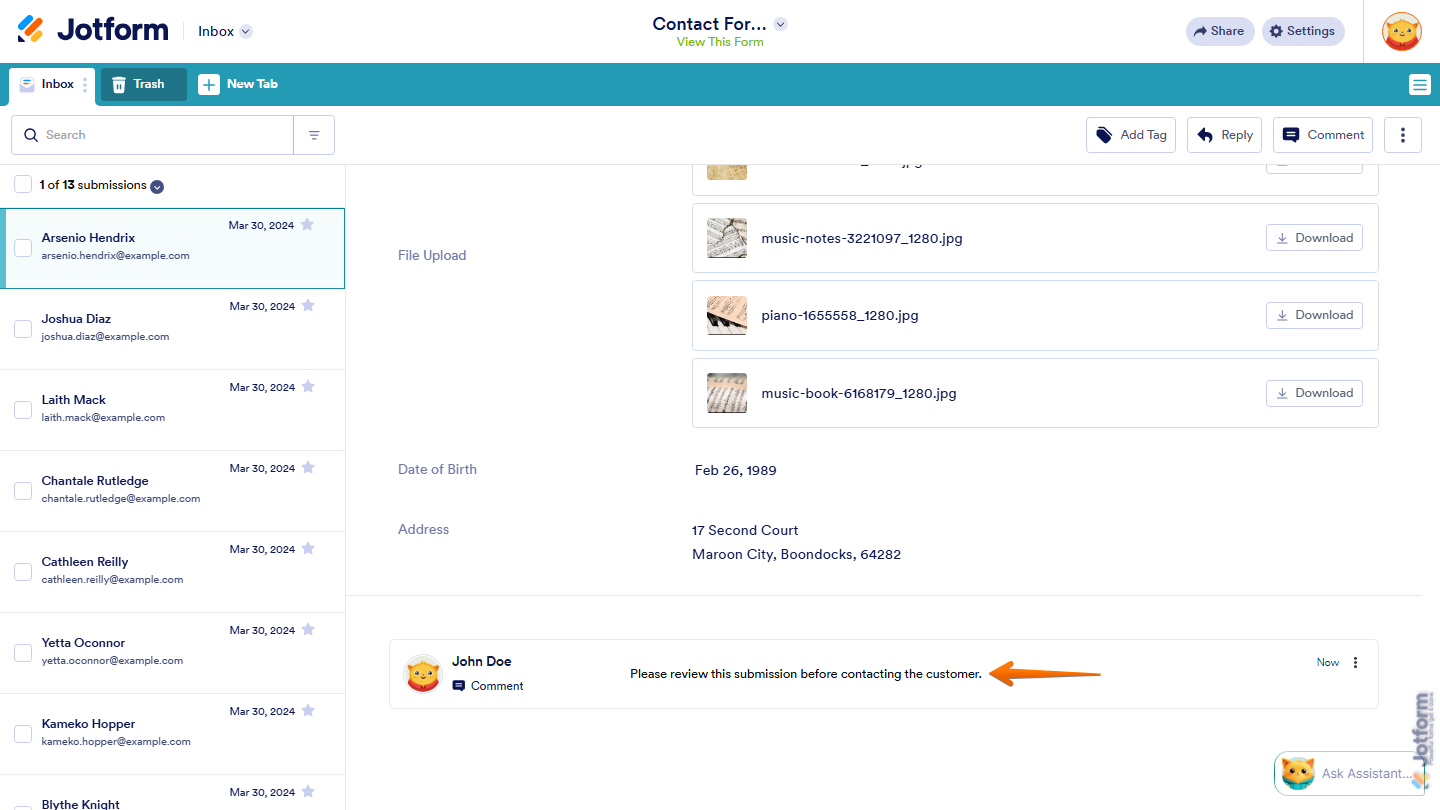 Jotform Inbox showing a submission with a newly added comment visible in the activity or comments section