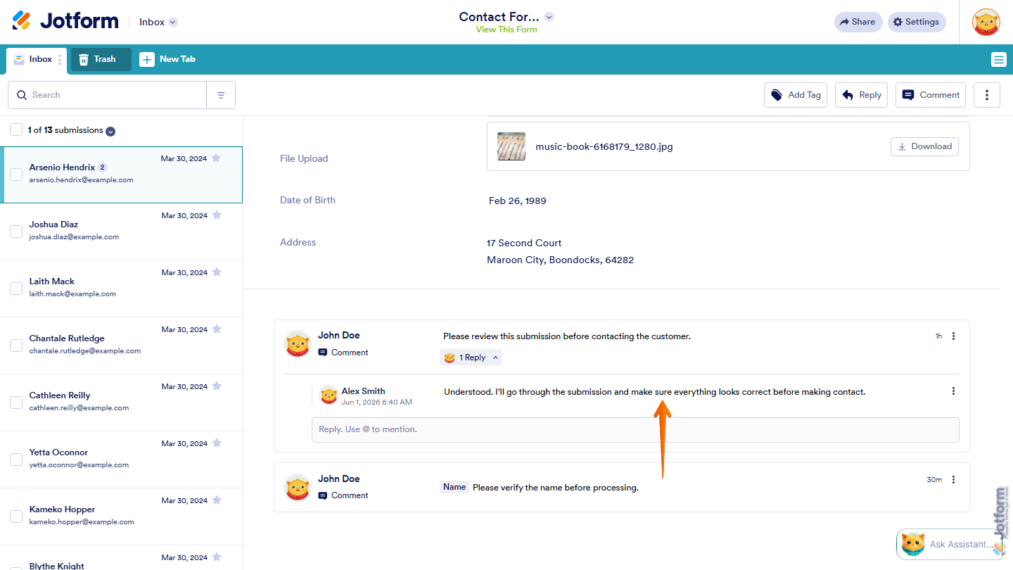 Jotform Inbox showing a threaded conversation with the new reply displayed beneath the original comment