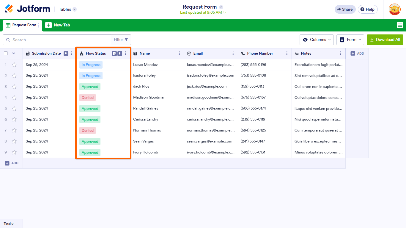 A Flow Status column in Jotform Tables