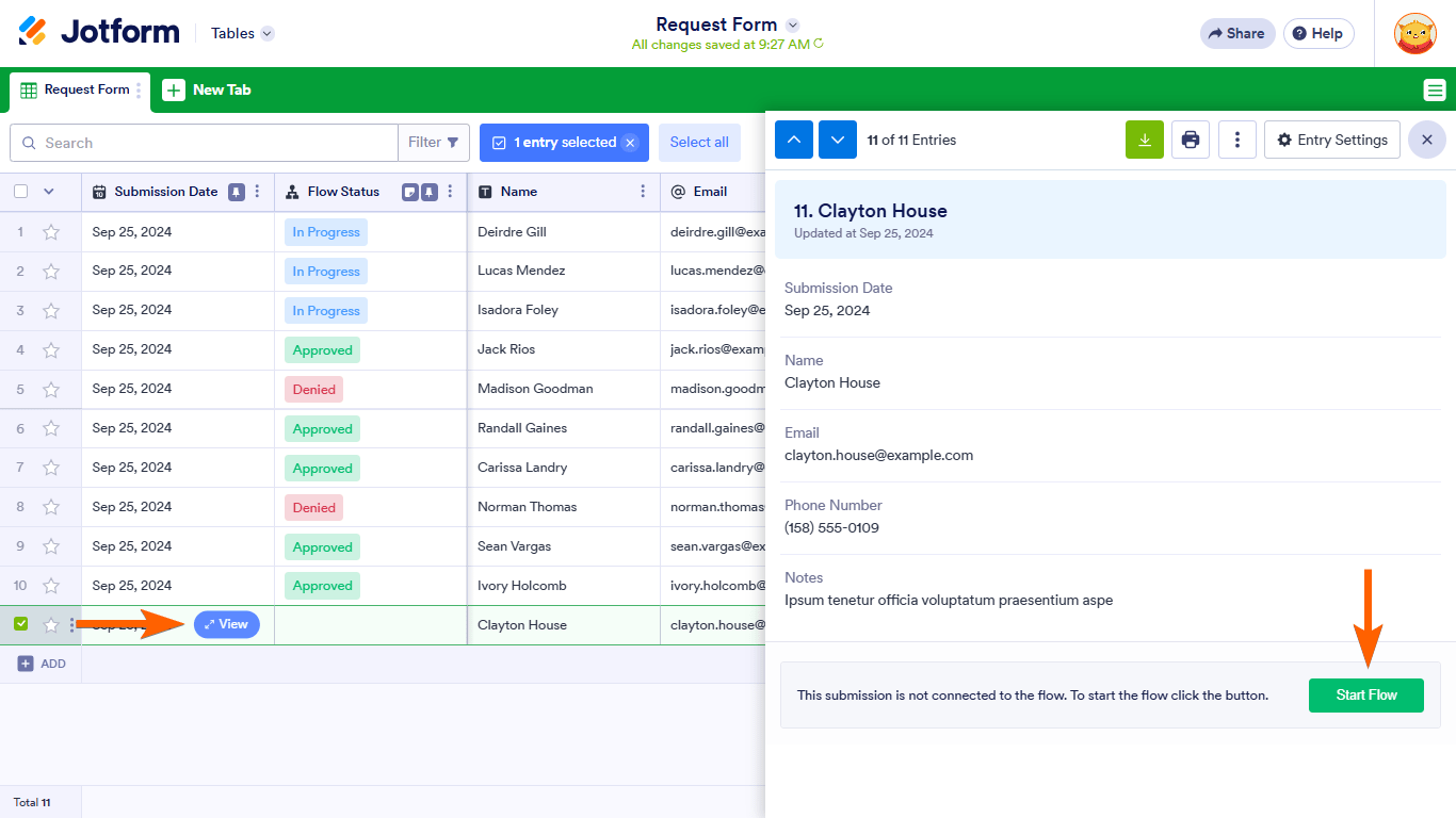 A Start Flow button in Jotform Tables