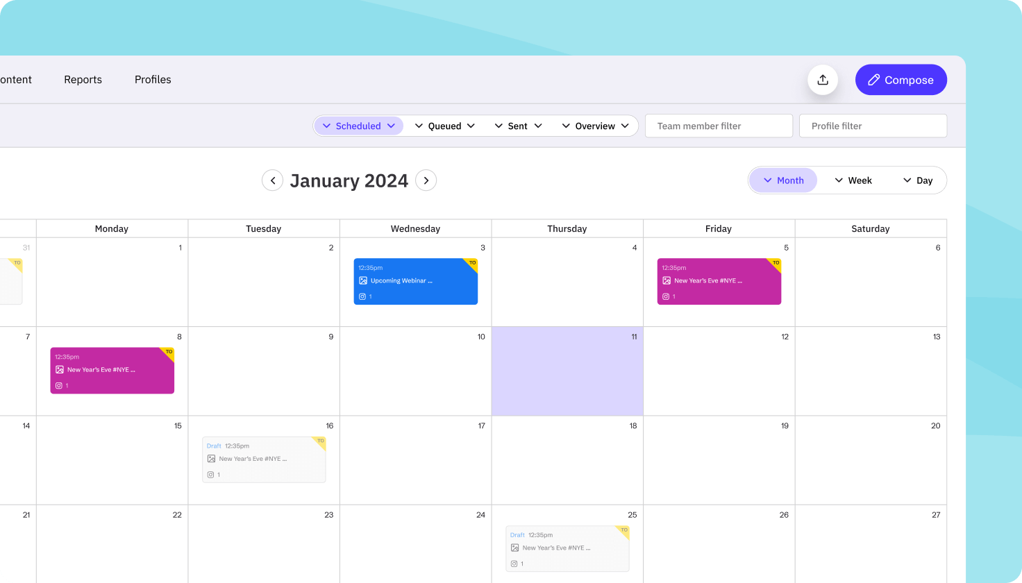 Example Sendible content calendar showing scheduled posts